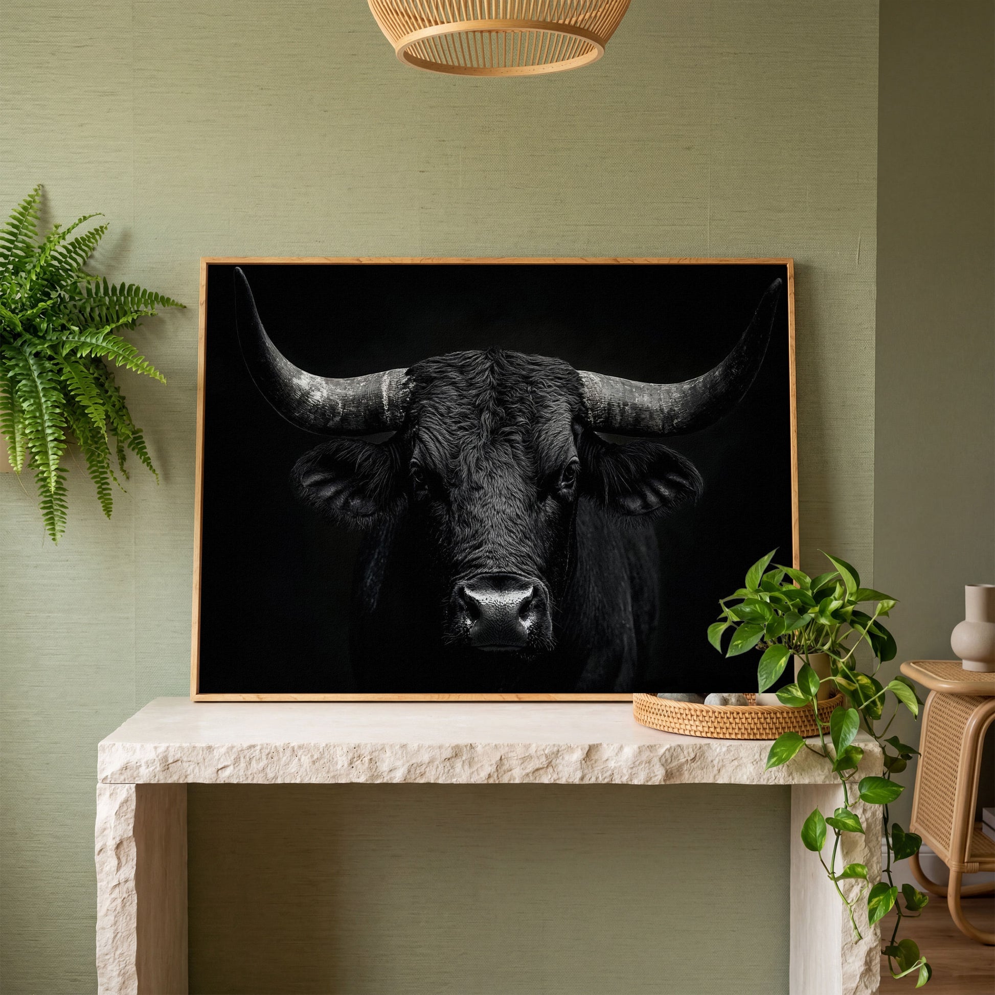 Bold Bull Head Canvas Art for Farmhouse and Man Cave Walls in white oak floating frame