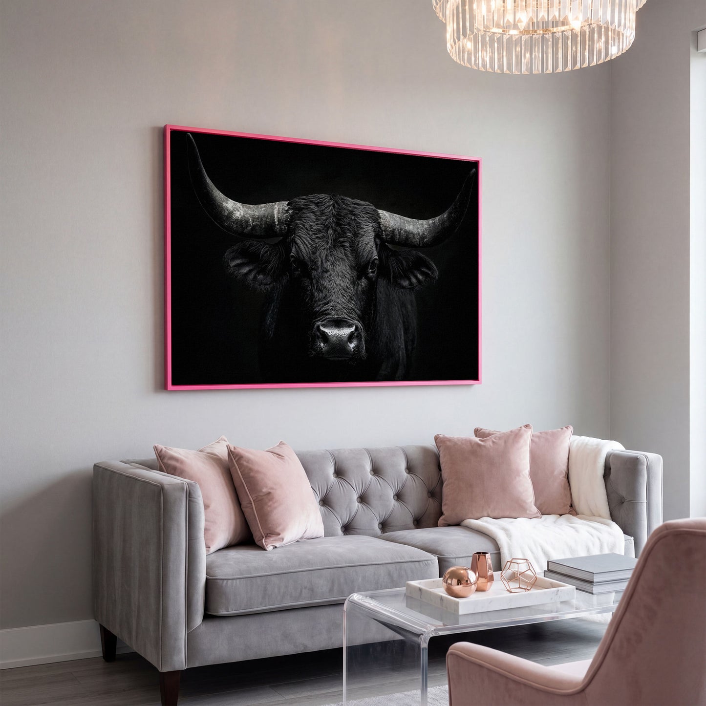 Bold Bull Head Canvas Art for Farmhouse and Man Cave Walls in pink floating frame