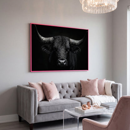 Bold Bull Head Canvas Art for Farmhouse and Man Cave Walls in pink floating frame