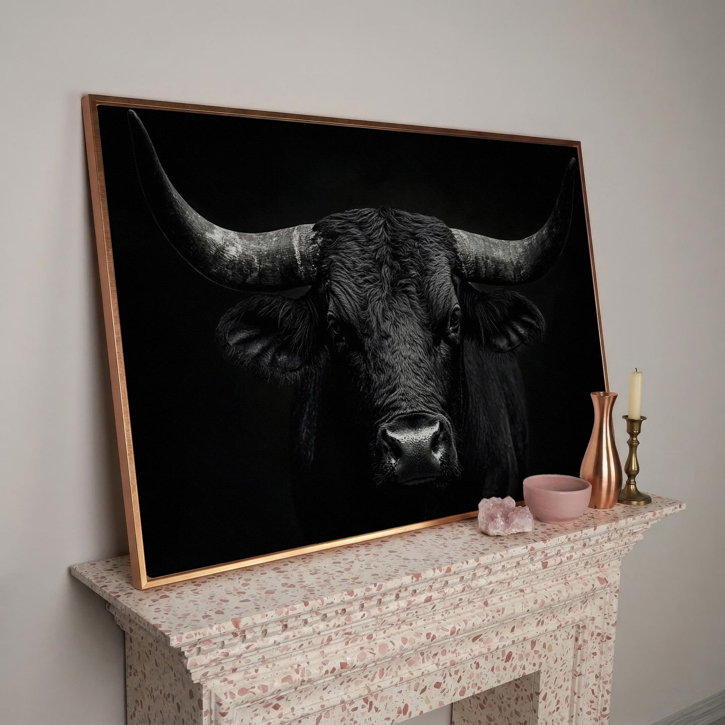 Bold Bull Head Canvas Art for Farmhouse and Man Cave Walls in rose gold floating frame