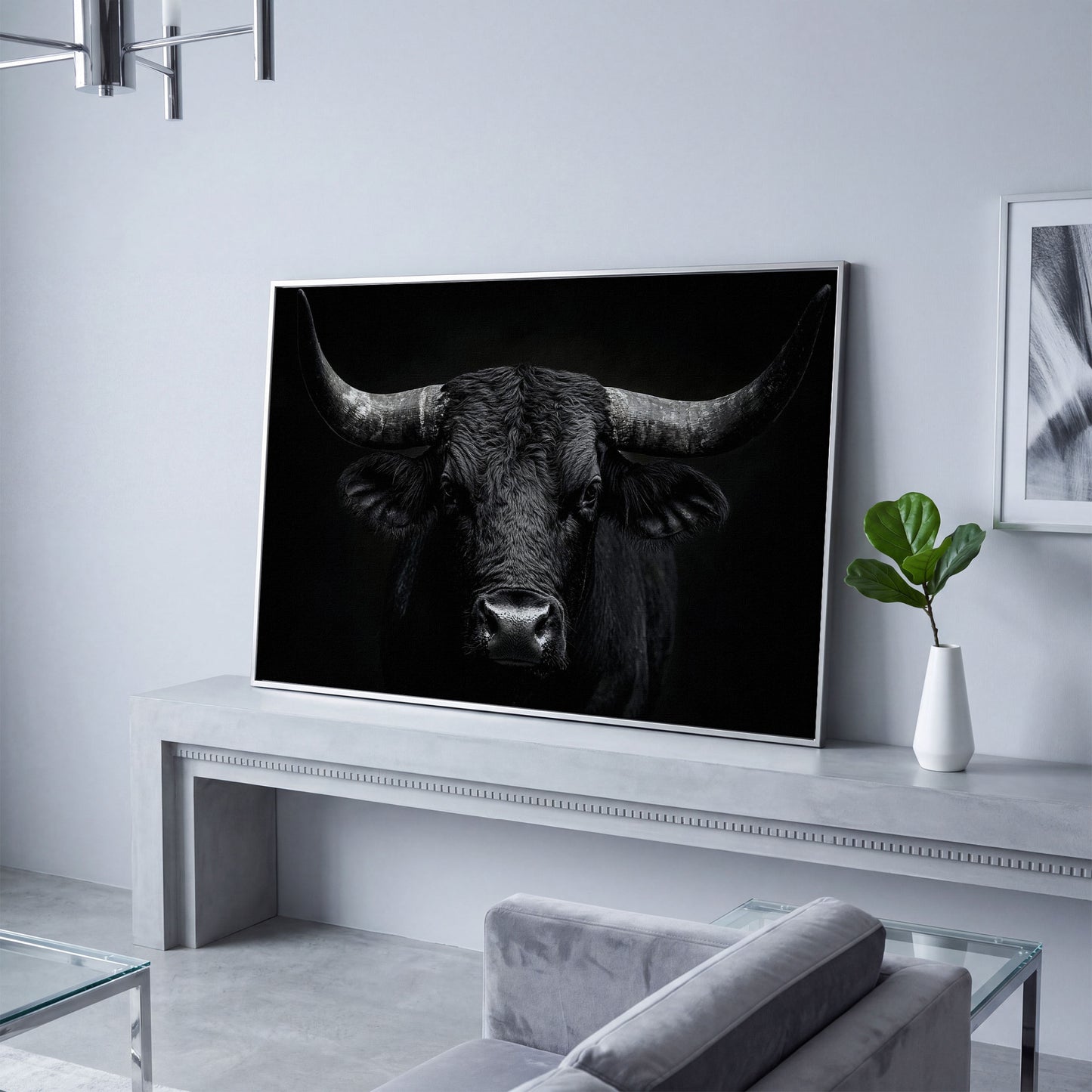 Bold Bull Head Canvas Art for Farmhouse and Man Cave Walls in silver floating frame