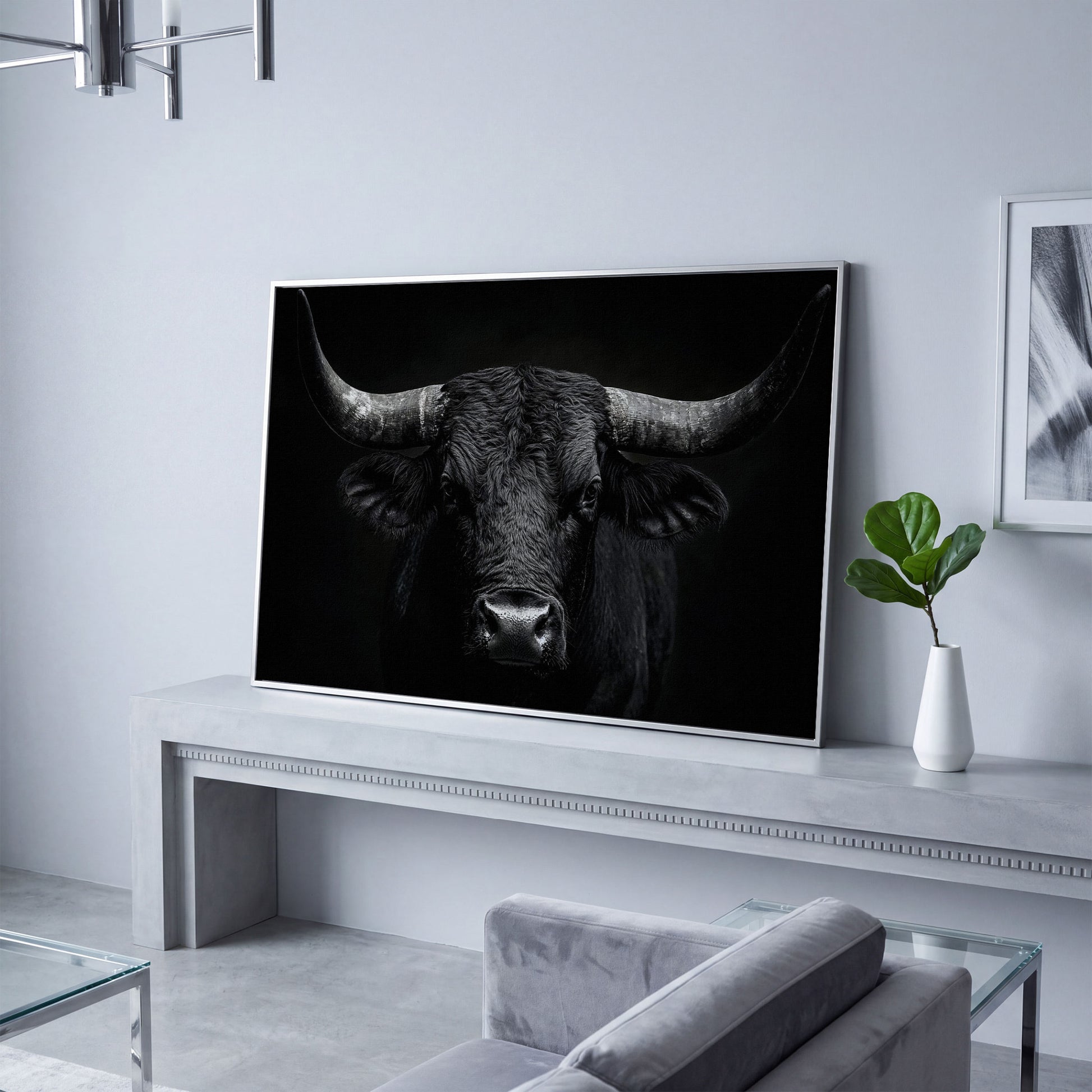 Bold Bull Head Canvas Art for Farmhouse and Man Cave Walls in silver floating frame