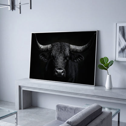Bold Bull Head Canvas Art for Farmhouse and Man Cave Walls in silver floating frame