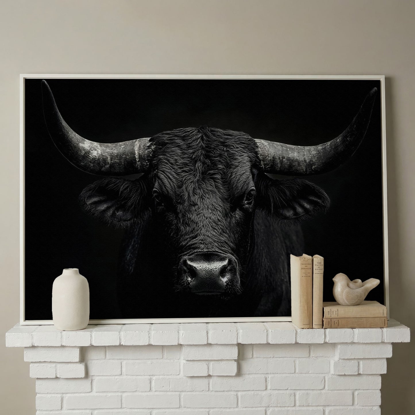 Bold Bull Head Canvas Art for Farmhouse and Man Cave Walls in white floating frame