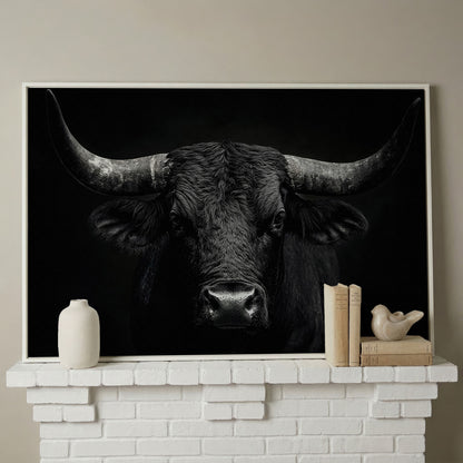 Bold Bull Head Canvas Art for Farmhouse and Man Cave Walls in white floating frame
