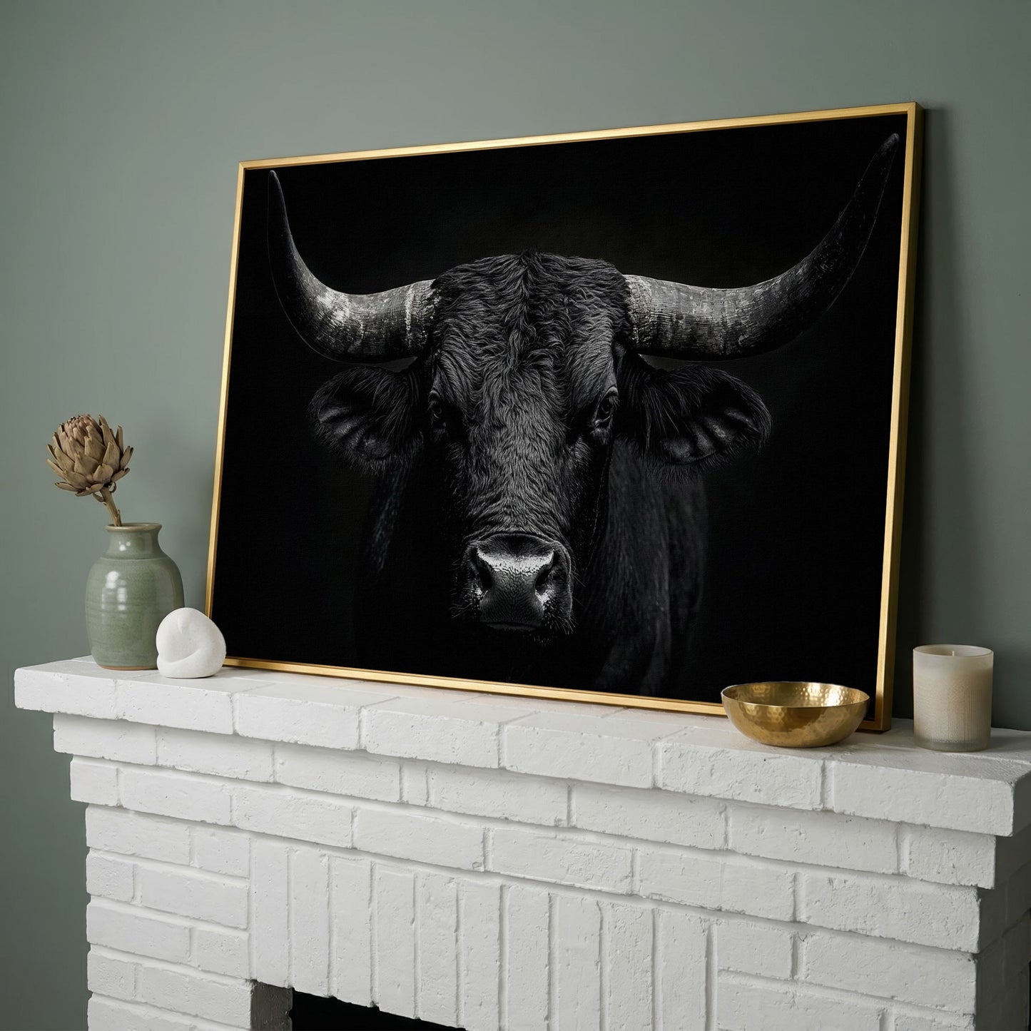 Bold Bull Head Canvas Art for Farmhouse and Man Cave Walls in yellow gold floating frame