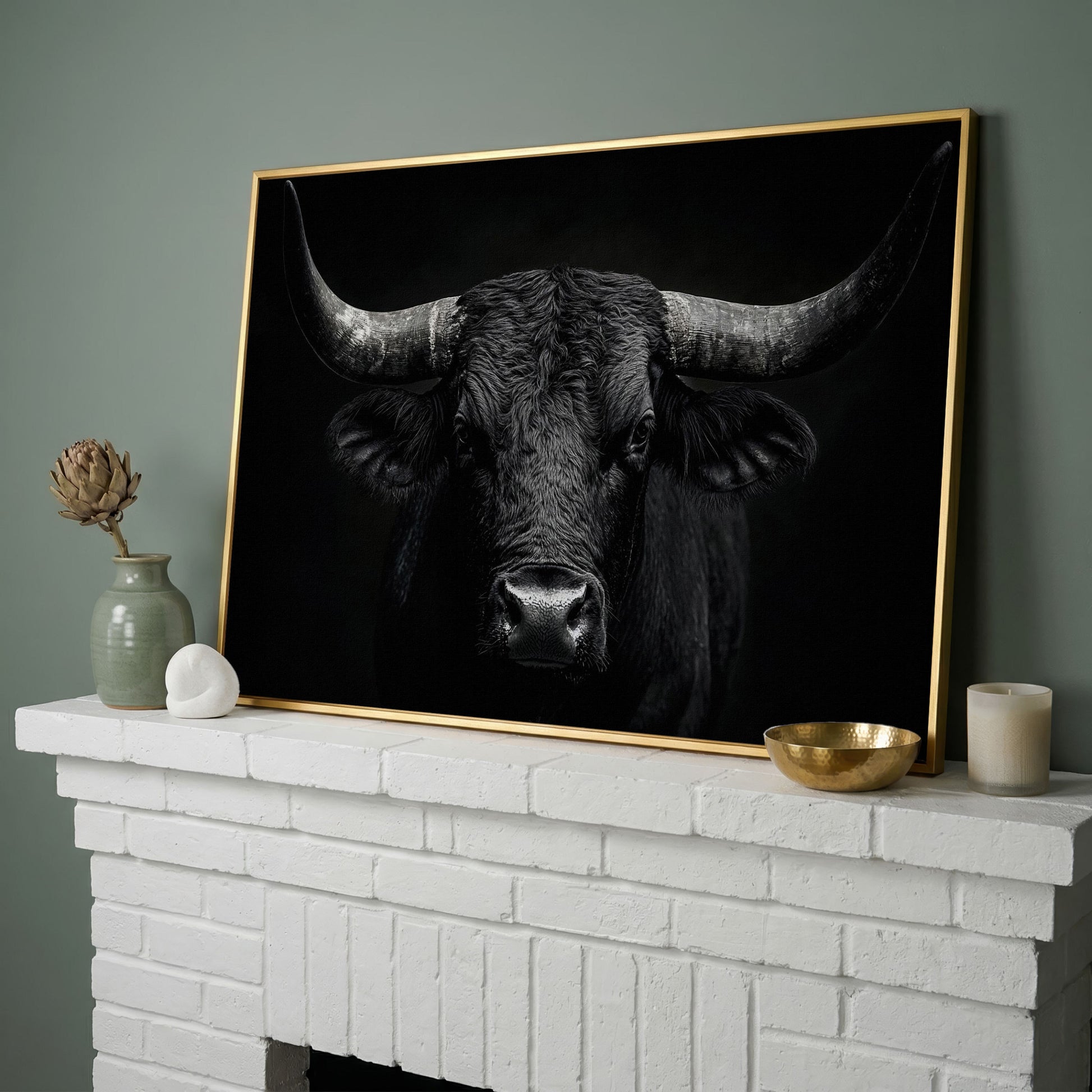 Bold Bull Head Canvas Art for Farmhouse and Man Cave Walls in yellow gold floating frame