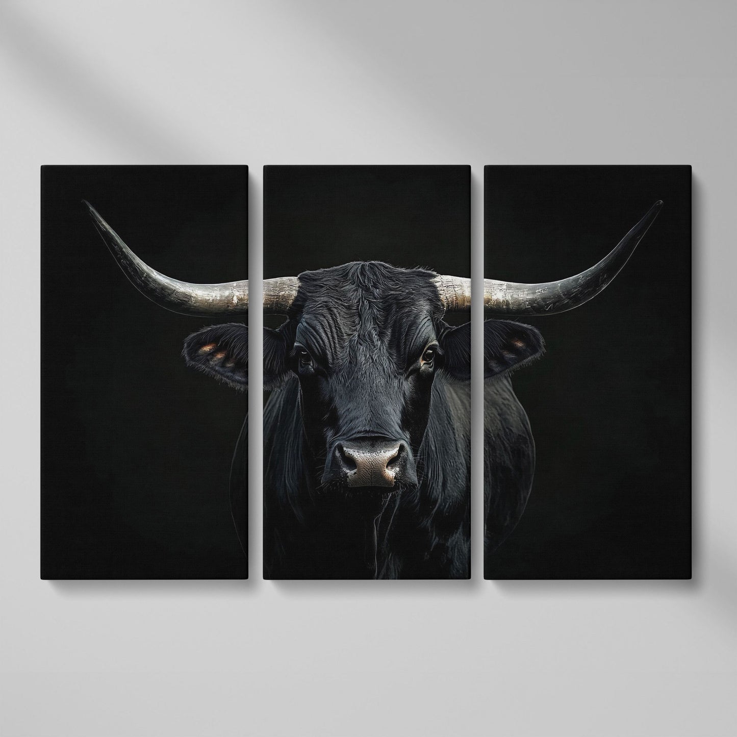 Black Bull Close-Up Canvas Wall Art, Large Horns Portrait as 3-panel split version