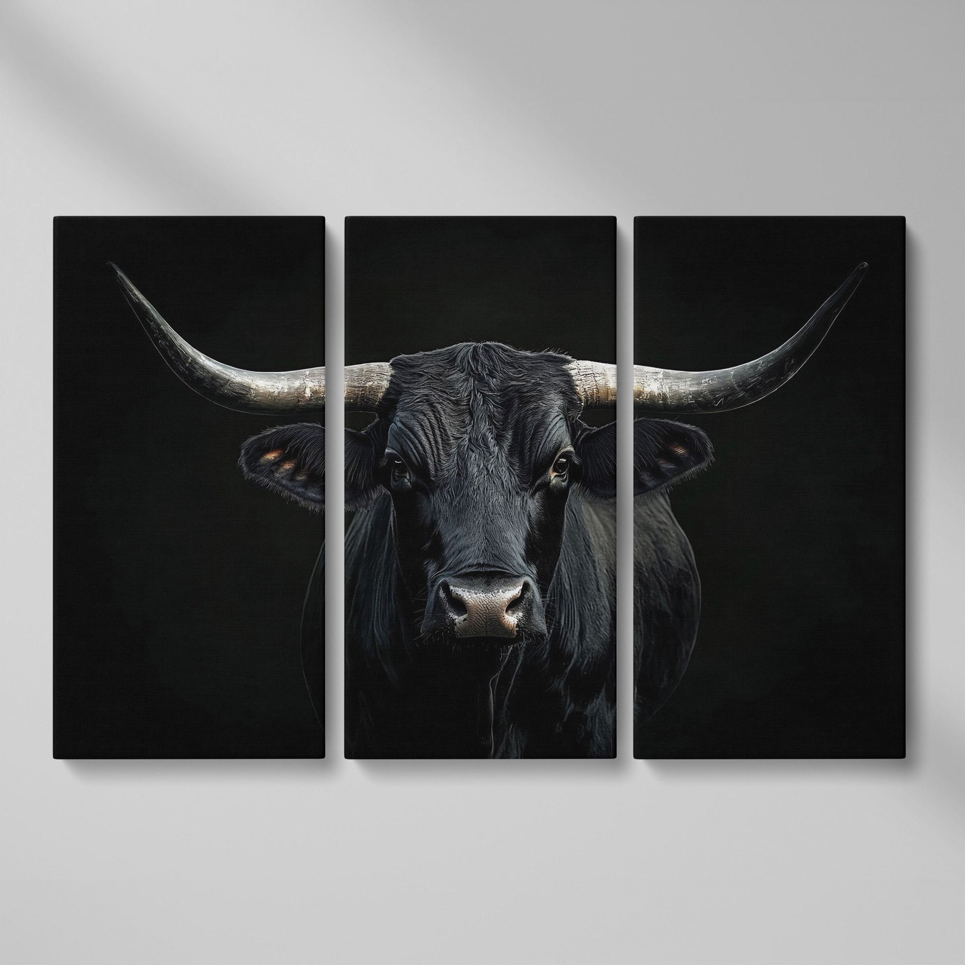 Black Bull Close-Up Canvas Wall Art, Large Horns Portrait as 3-panel split version