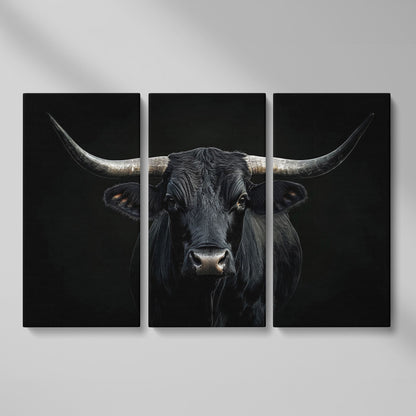 Black Bull Close-Up Canvas Wall Art, Large Horns Portrait as 3-panel split version
