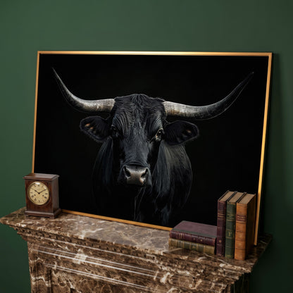 Black Bull Close-Up Canvas Wall Art, Large Horns Portrait in antique gold floating frame