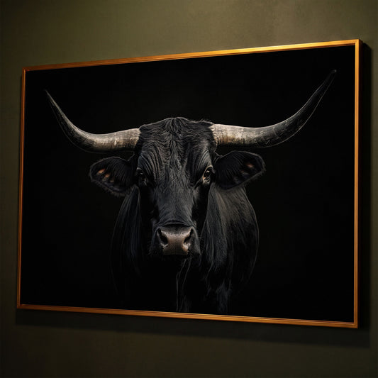 Black Bull Close-Up Canvas Wall Art, Large Horns Portrait shown in antique gold floating frame