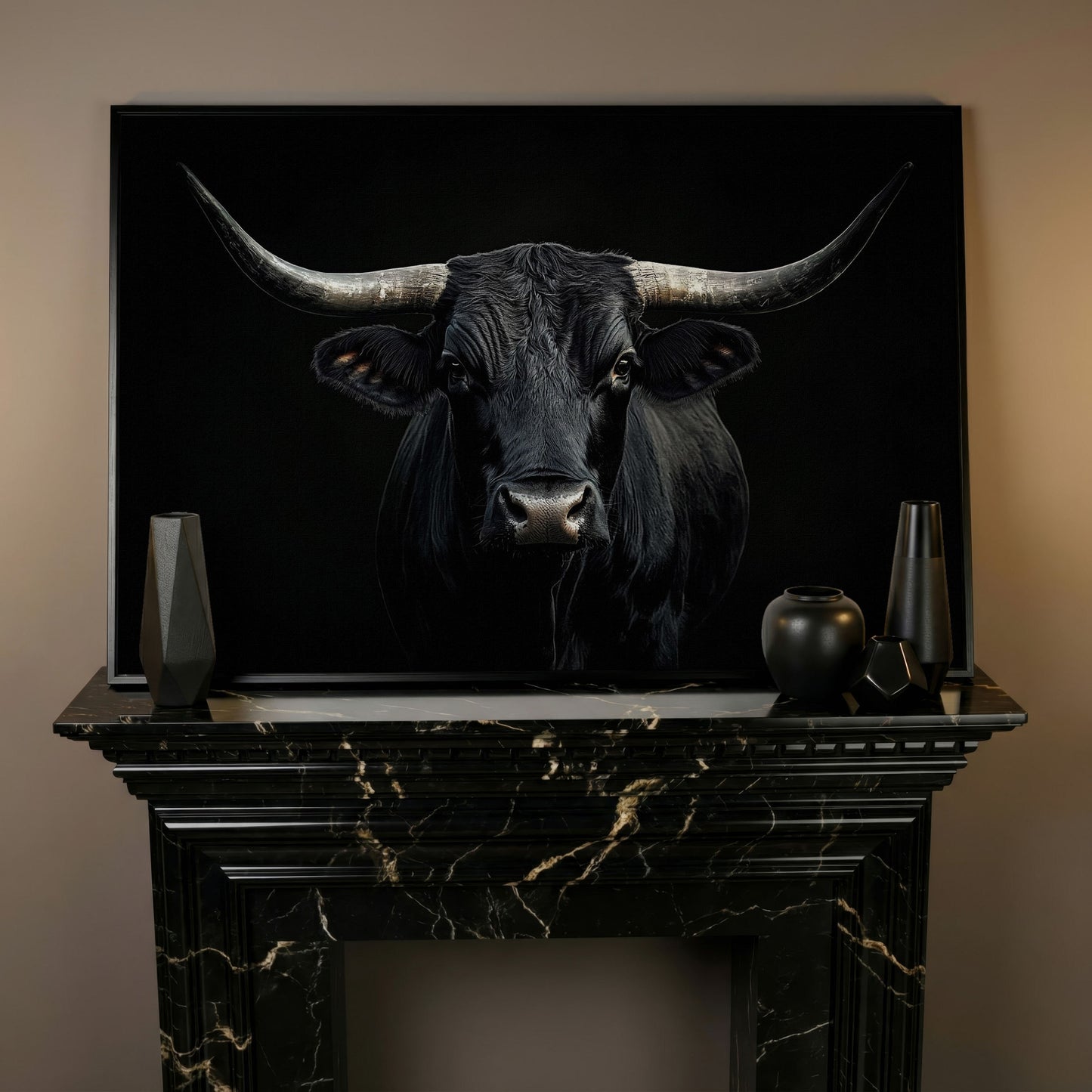 Black Bull Close-Up Canvas Wall Art, Large Horns Portrait in black floating frame