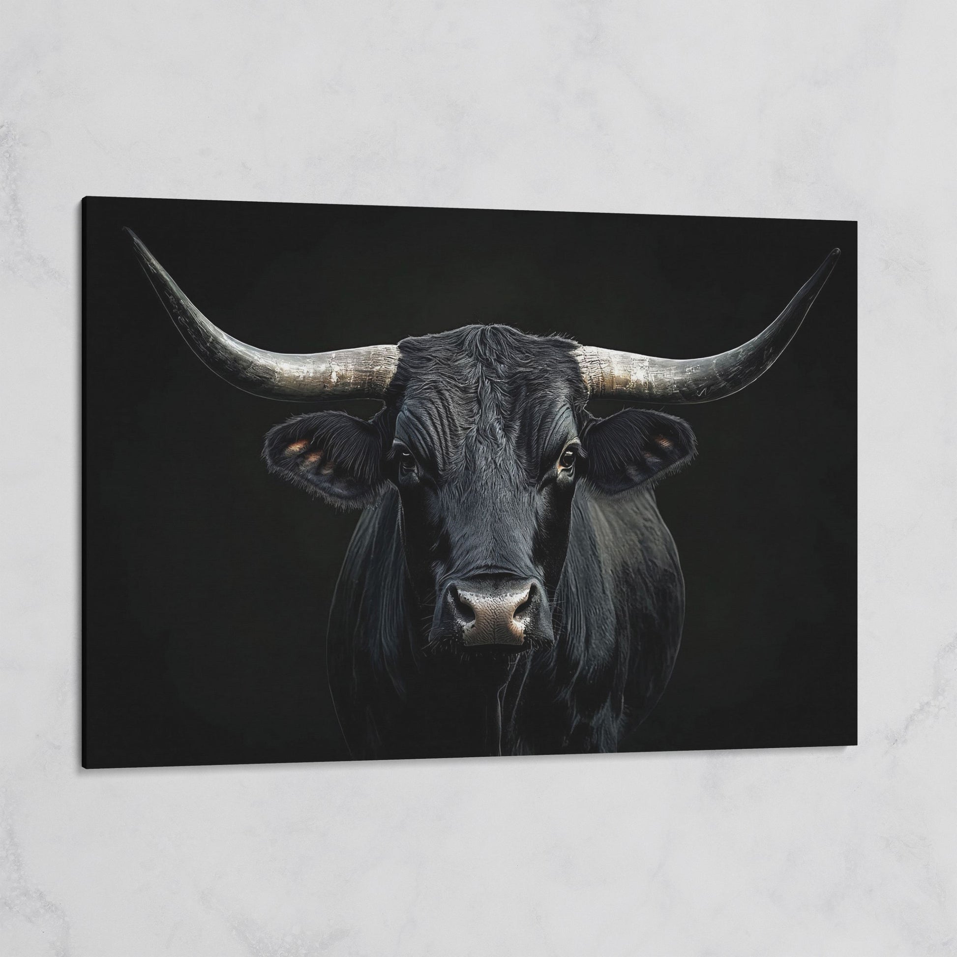Black Bull Close-Up Canvas Wall Art, Large Horns Portrait on gallery wrap