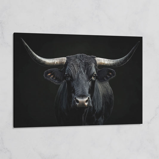 Black Bull Close-Up Canvas Wall Art, Large Horns Portrait on gallery wrap