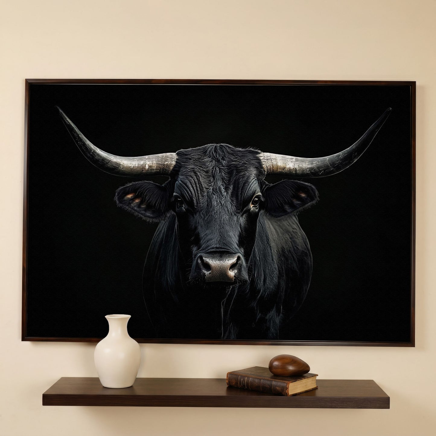Black Bull Close-Up Canvas Wall Art, Large Horns Portrait in dark walnut floating frame