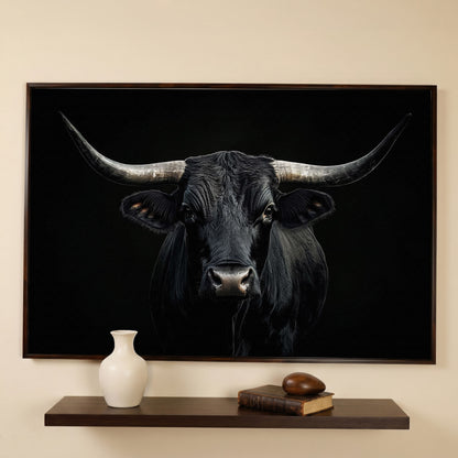 Black Bull Close-Up Canvas Wall Art, Large Horns Portrait in dark walnut floating frame