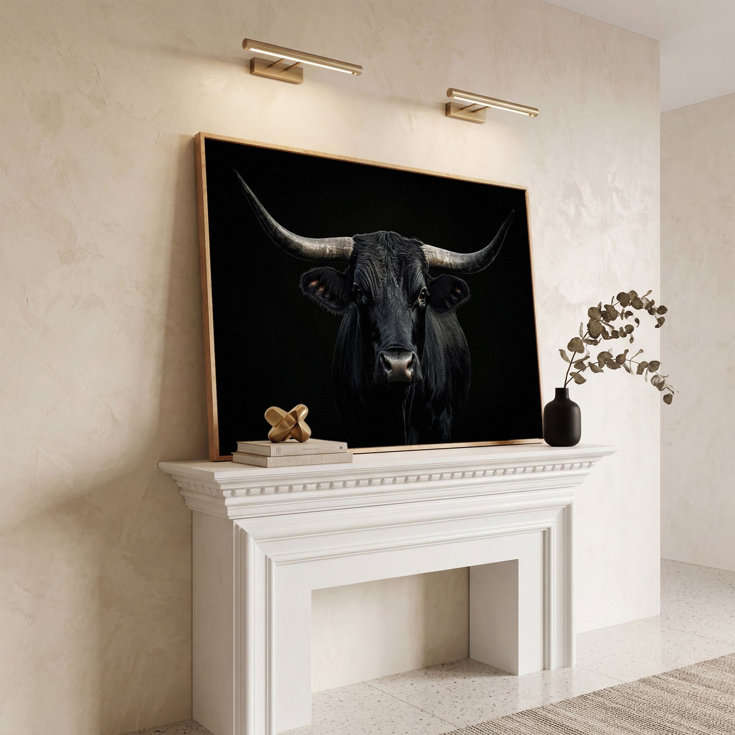 Black Bull Close-Up Canvas Wall Art, Large Horns Portrait in white oak floating frame