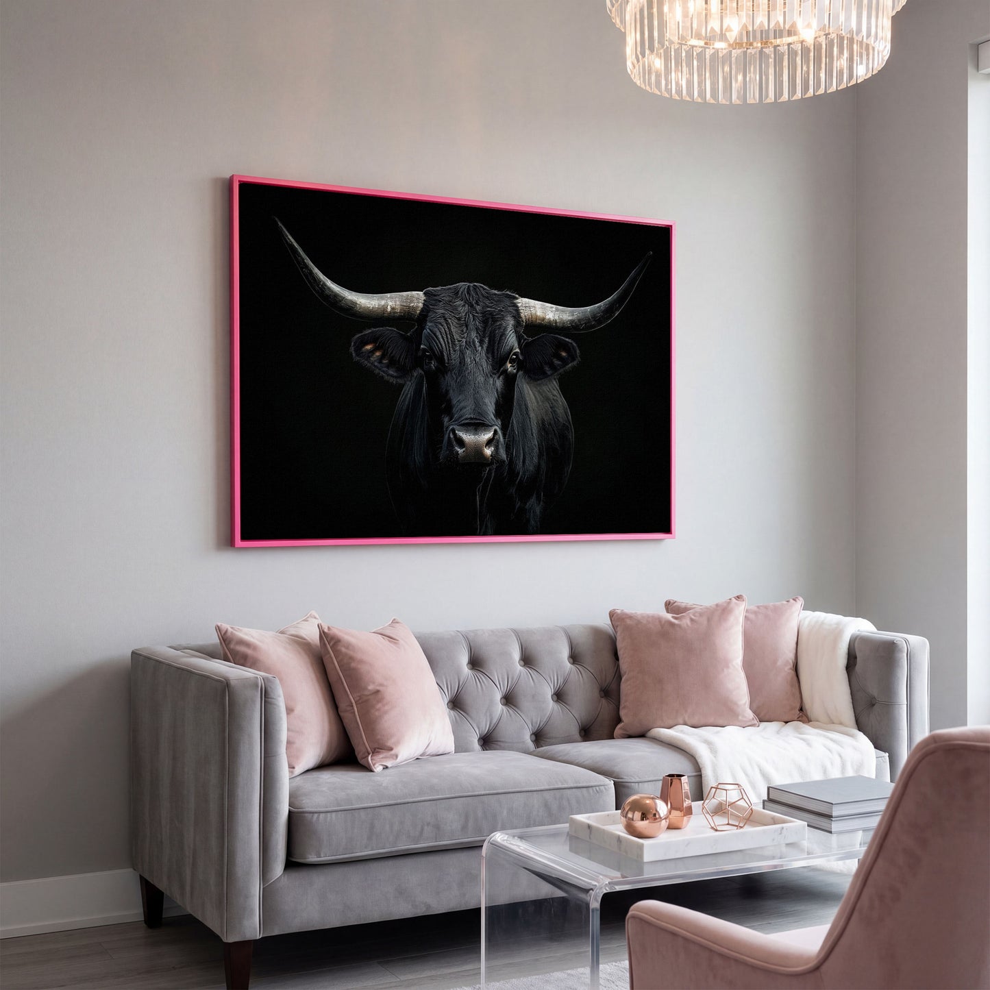 Black Bull Close-Up Canvas Wall Art, Large Horns Portrait in pink floating frame