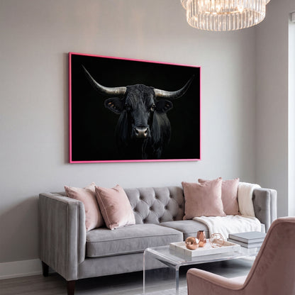Black Bull Close-Up Canvas Wall Art, Large Horns Portrait in pink floating frame