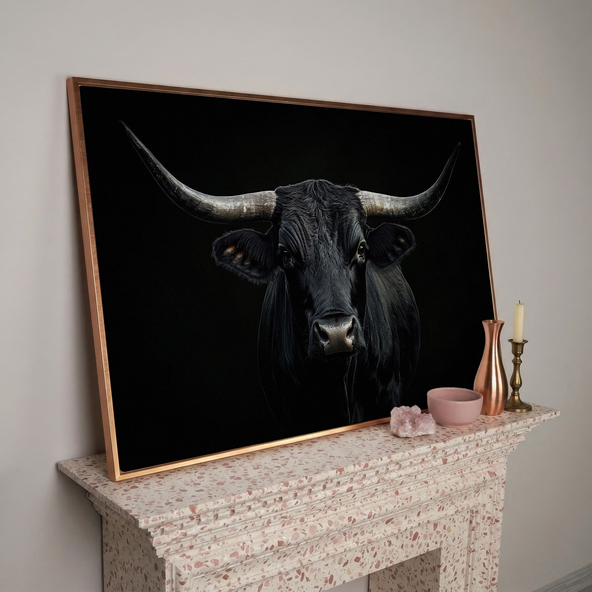 Black Bull Close-Up Canvas Wall Art, Large Horns Portrait in rose gold floating frame