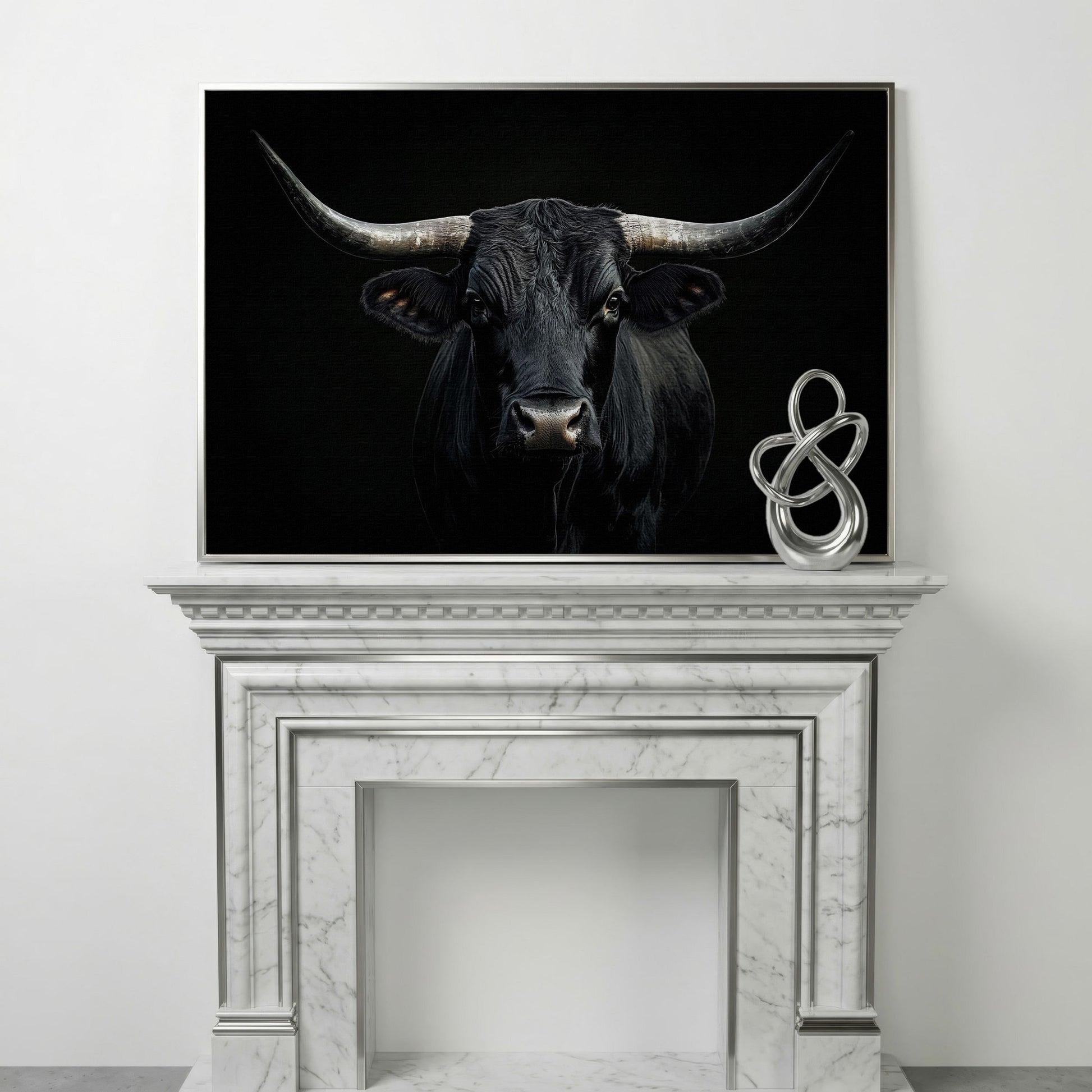 Black Bull Close-Up Canvas Wall Art, Large Horns Portrait in silver floating frame