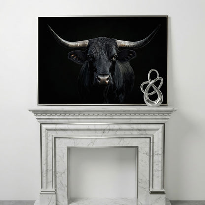 Black Bull Close-Up Canvas Wall Art, Large Horns Portrait in silver floating frame