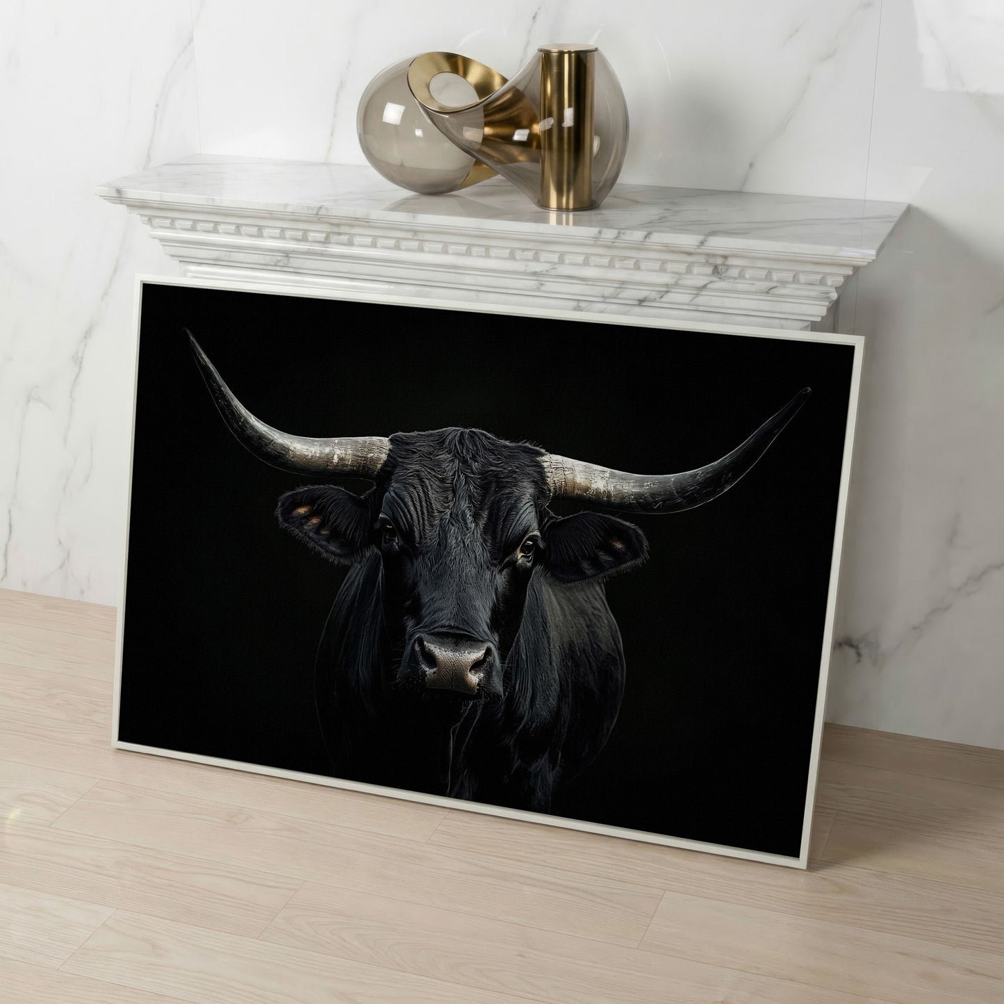 Black Bull Close-Up Canvas Wall Art, Large Horns Portrait in white floating frame