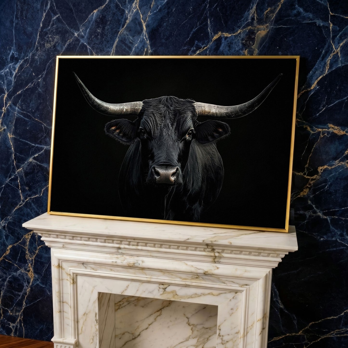 Black Bull Close-Up Canvas Wall Art, Large Horns Portrait in yellow gold floating frame