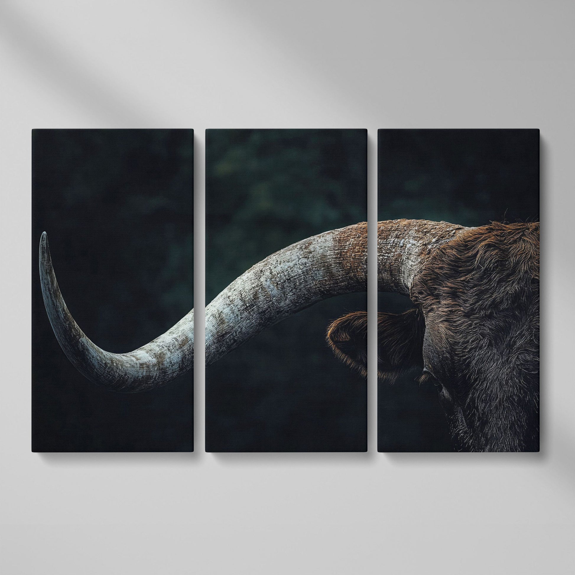 Bull Close-Up Canvas Wall Art, Rustic Farmhouse and Western Decor as 3-panel split version
