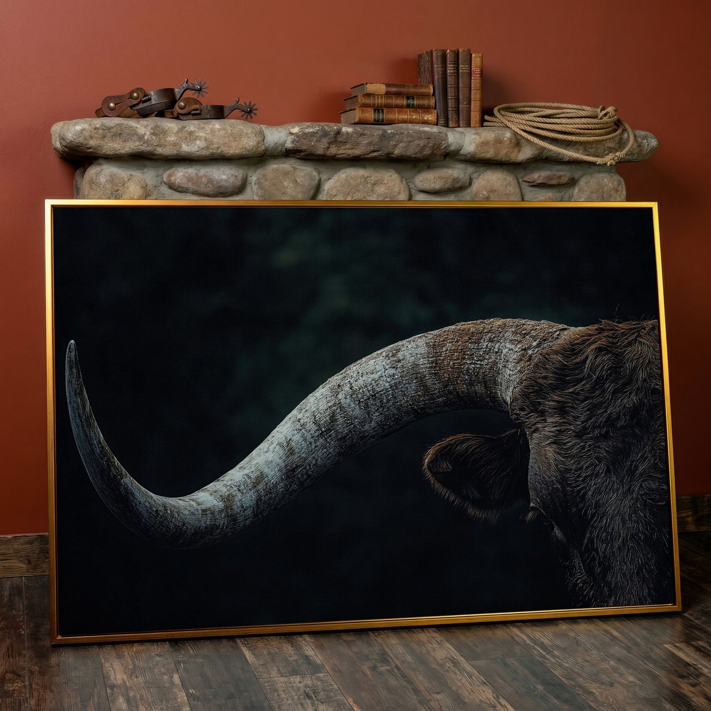 Bull Close-Up Canvas Wall Art, Rustic Farmhouse and Western Decor in antique gold floating frame