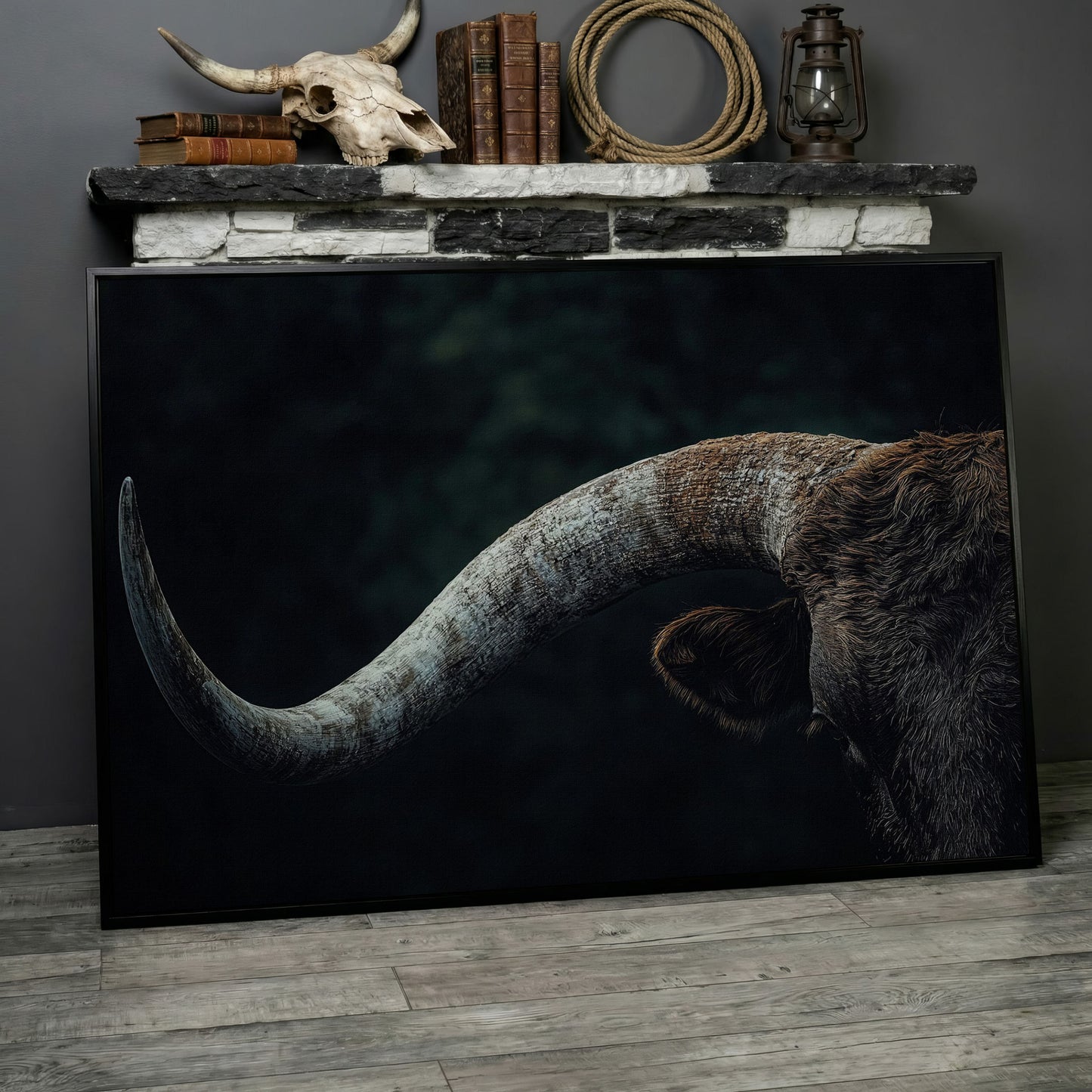 Bull Close-Up Canvas Wall Art, Rustic Farmhouse and Western Decor in black floating frame