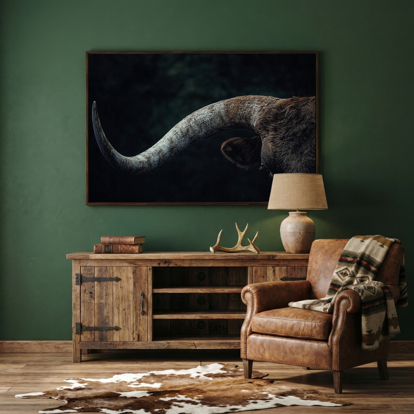 Bull Close-Up Canvas Wall Art, Rustic Farmhouse and Western Decor in dark walnut floating frame