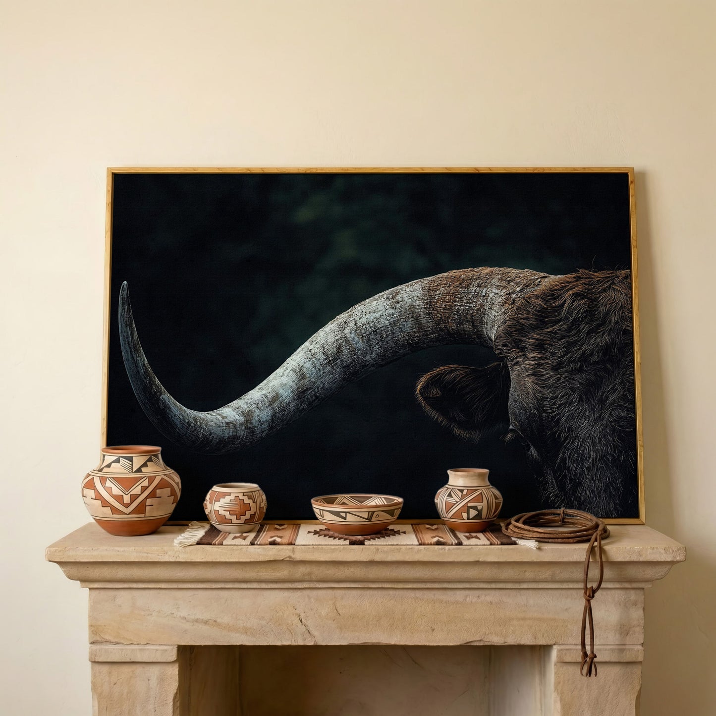 Bull Close-Up Canvas Wall Art, Rustic Farmhouse and Western Decor in white oak floating frame