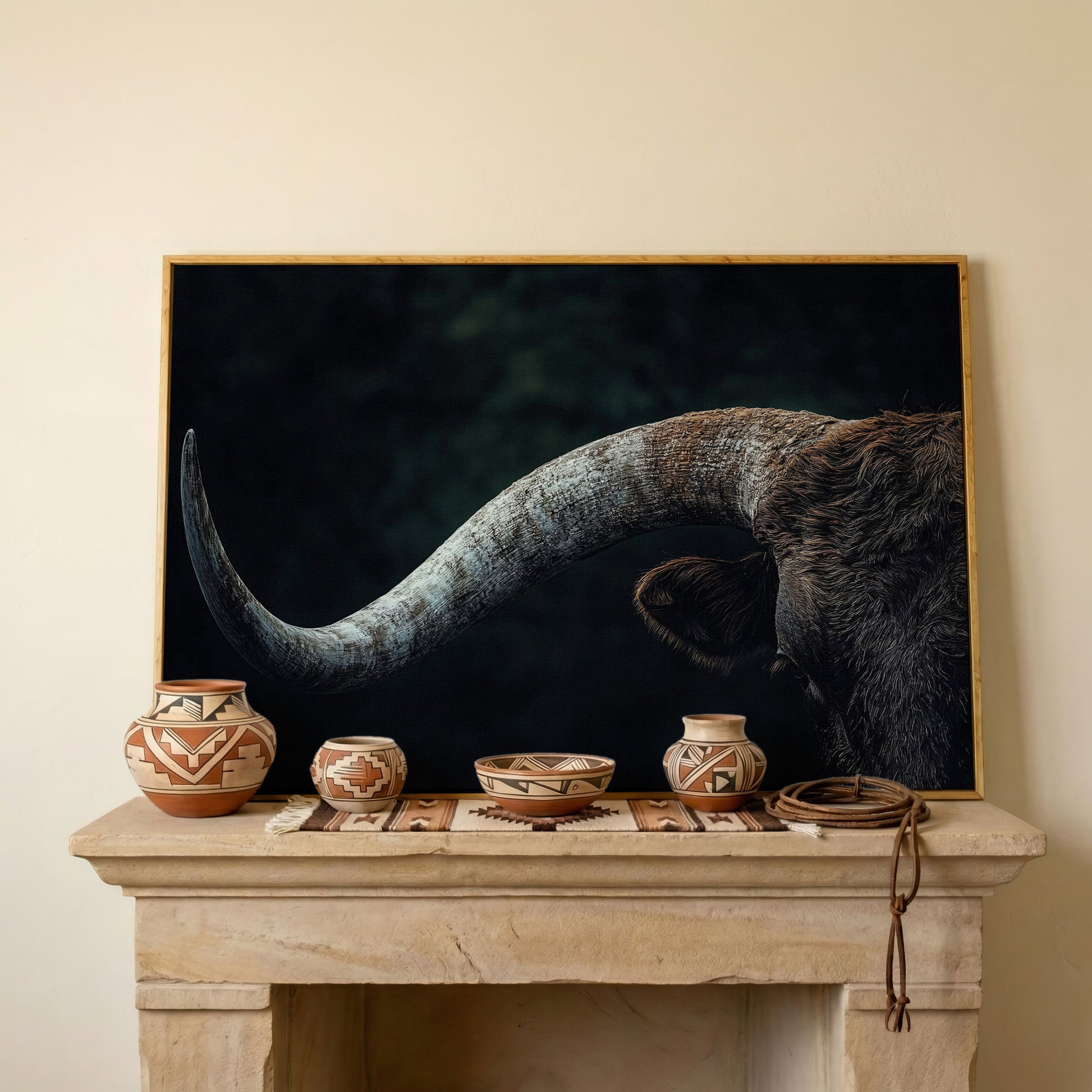 Bull Close-Up Canvas Wall Art, Rustic Farmhouse and Western Decor in white oak floating frame