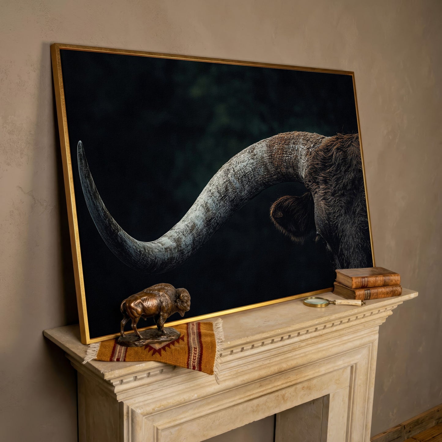 Bull Close-Up Canvas Wall Art, Rustic Farmhouse and Western Decor in rose gold floating frame