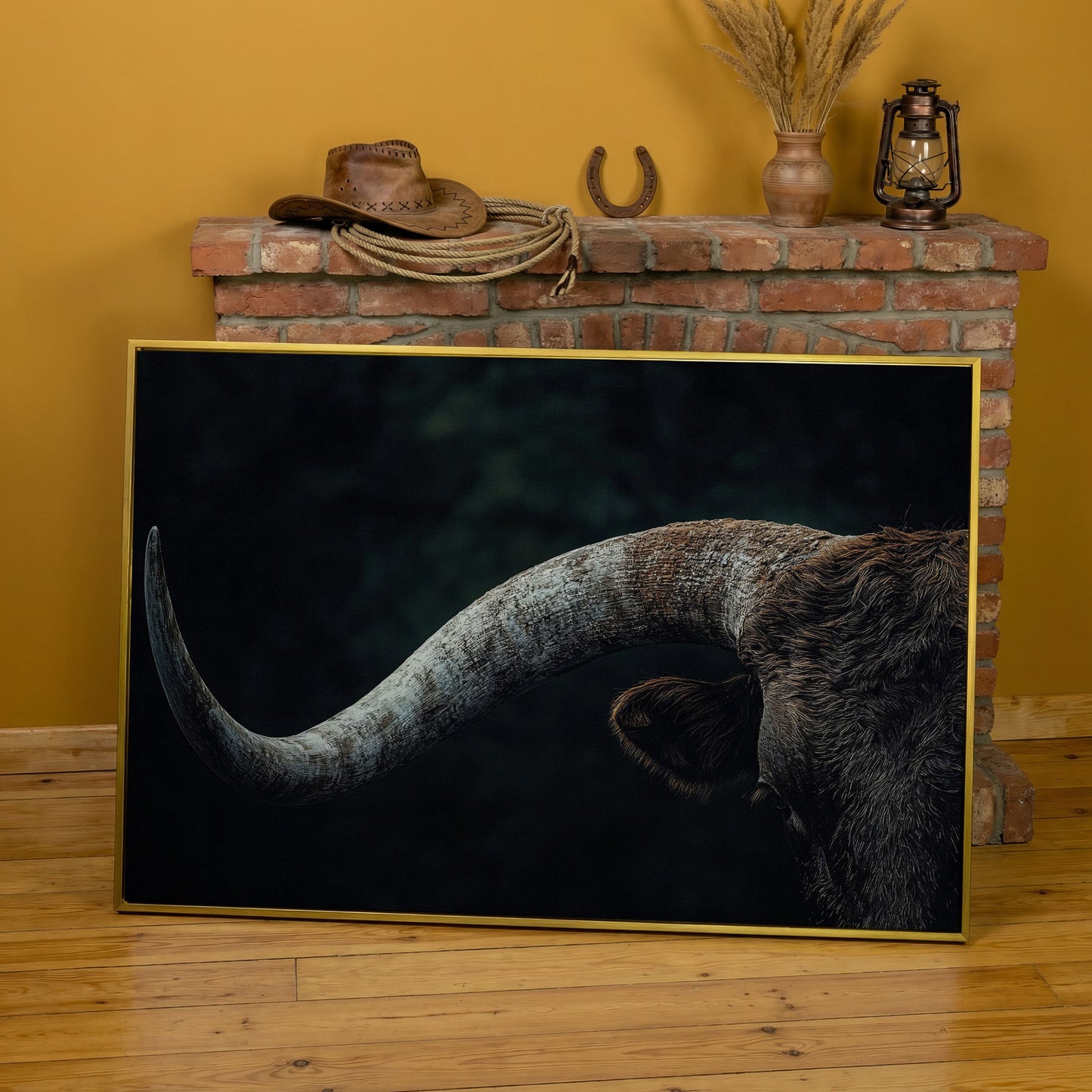 Bull Close-Up Canvas Wall Art, Rustic Farmhouse and Western Decor in yellow gold floating frame