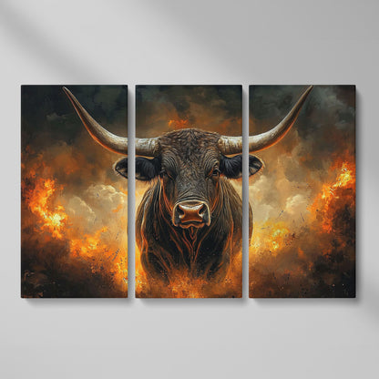 Bull with Horns Canvas Wall Art, Fiery Storm Portrait as 3-panel split version