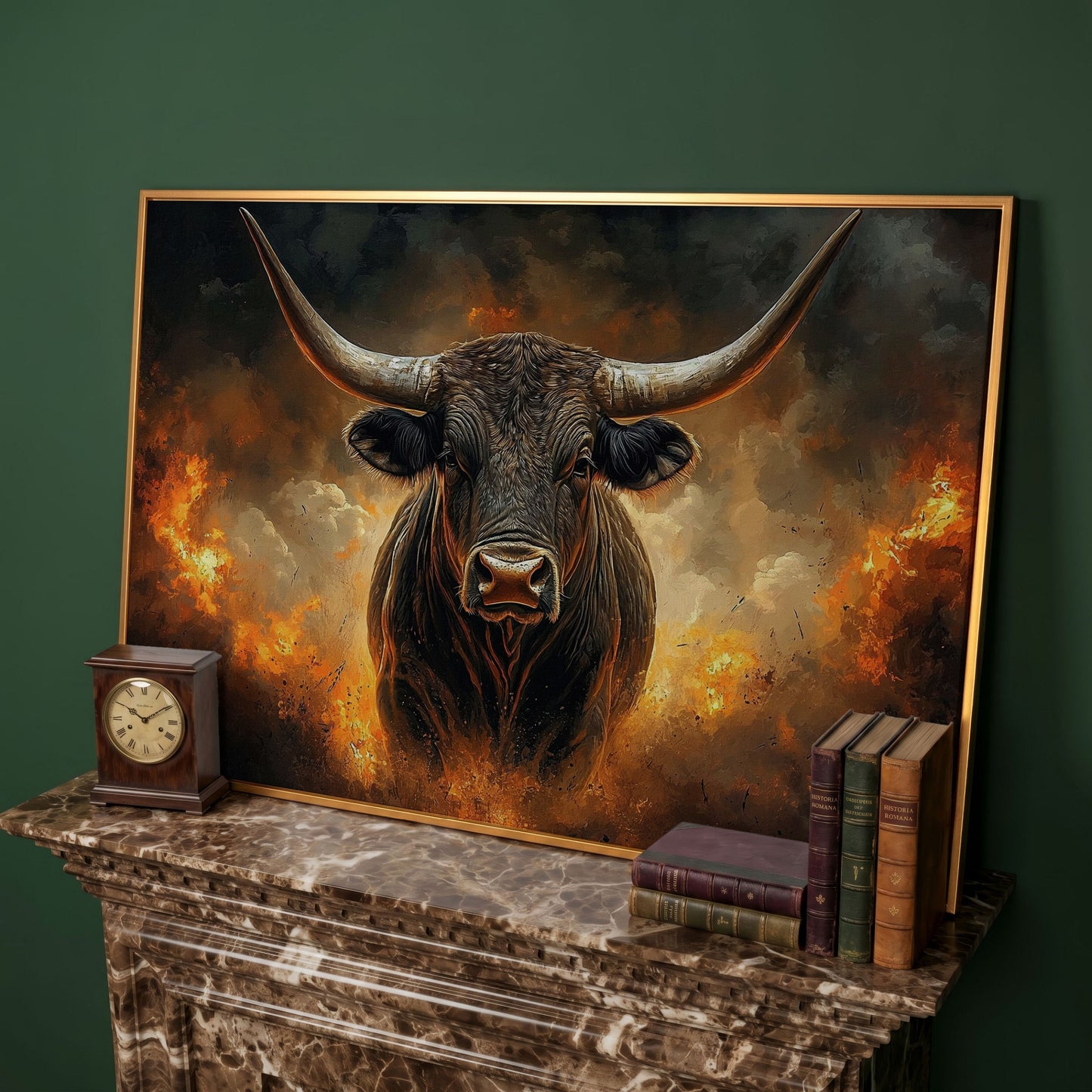 Bull with Horns Canvas Wall Art, Fiery Storm Portrait in antique gold floating frame