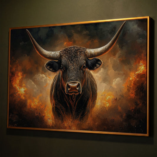 Bull with Horns Canvas Wall Art, Fiery Storm Portrait shown in antique gold floating frame