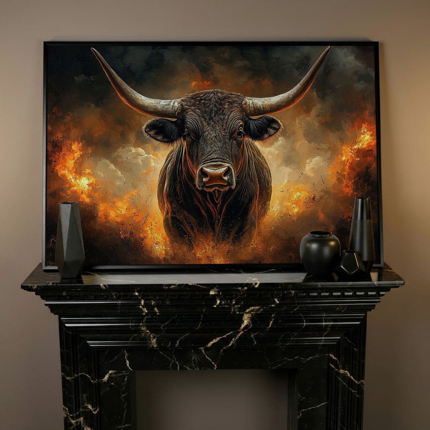 Bull with Horns Canvas Wall Art, Fiery Storm Portrait in black floating frame