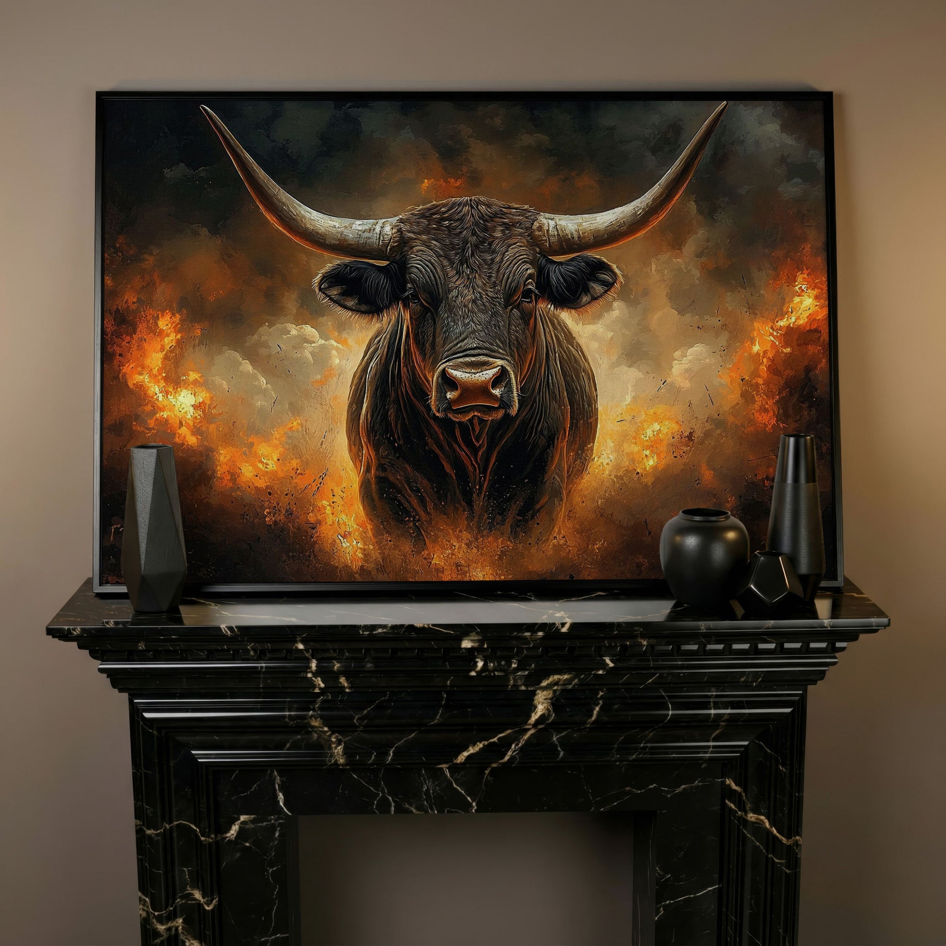 Bull with Horns Canvas Wall Art, Fiery Storm Portrait in black floating frame
