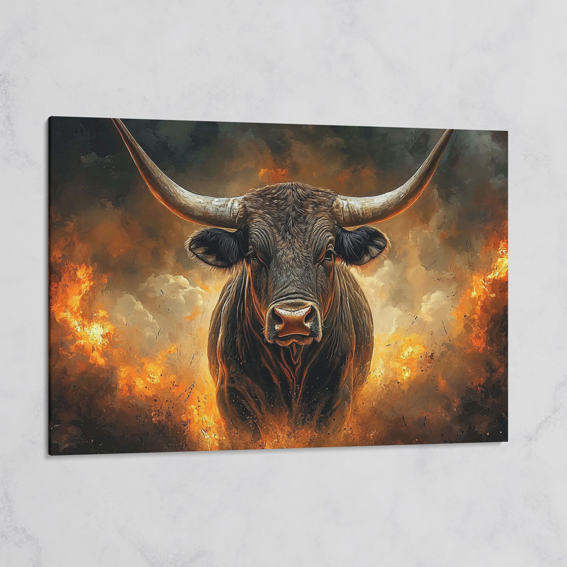 Bull with Horns Canvas Wall Art, Fiery Storm Portrait on gallery wrap