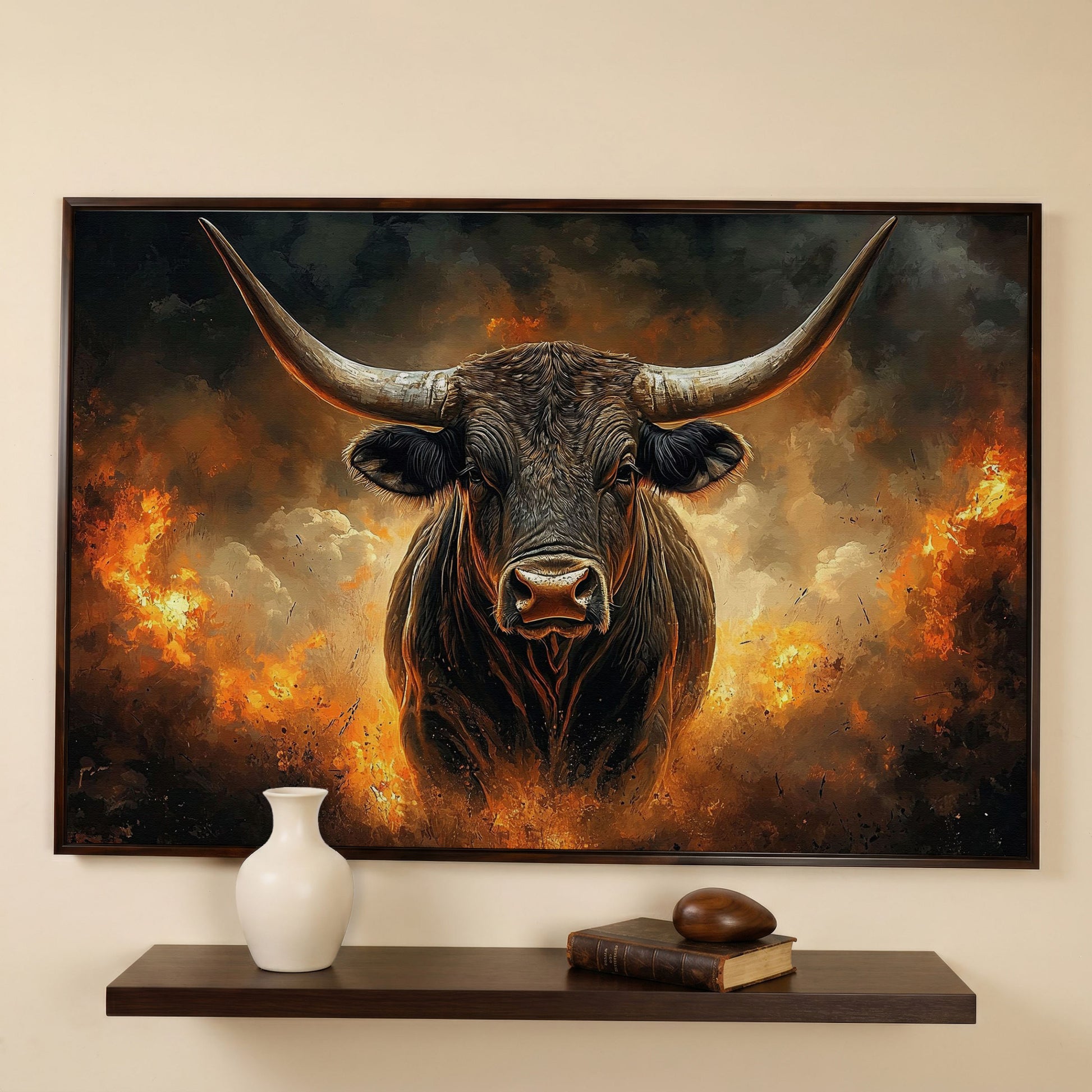 Bull with Horns Canvas Wall Art, Fiery Storm Portrait in dark walnut floating frame
