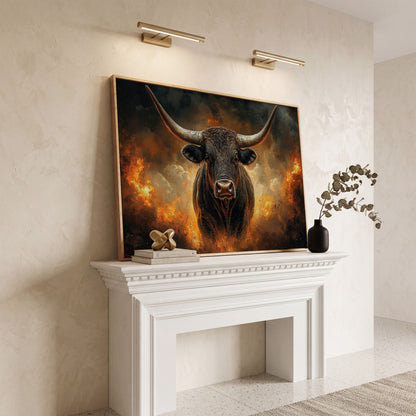 Bull with Horns Canvas Wall Art, Fiery Storm Portrait in white oak floating frame