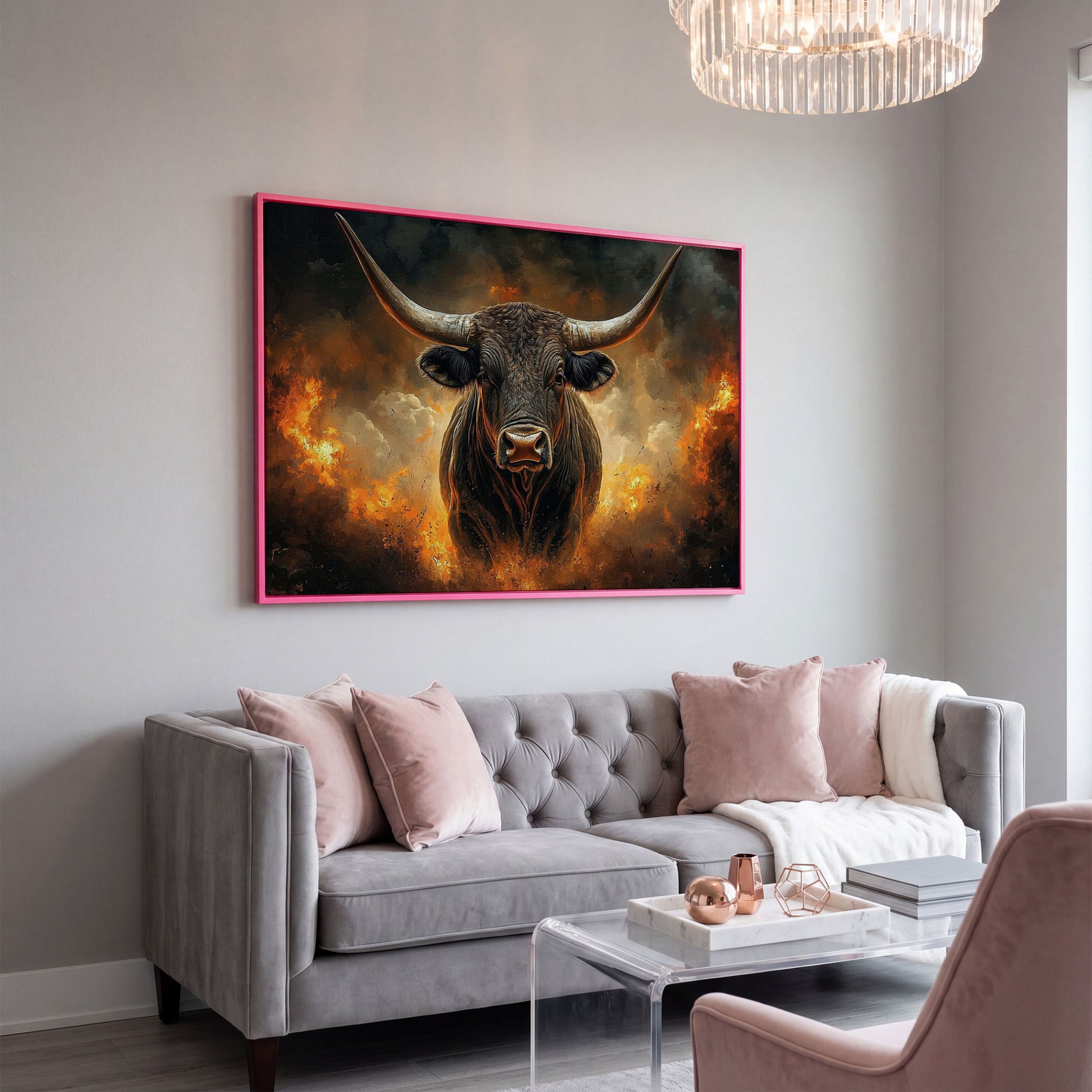 Bull with Horns Canvas Wall Art, Fiery Storm Portrait in pink floating frame