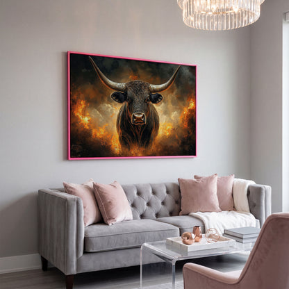 Bull with Horns Canvas Wall Art, Fiery Storm Portrait in pink floating frame