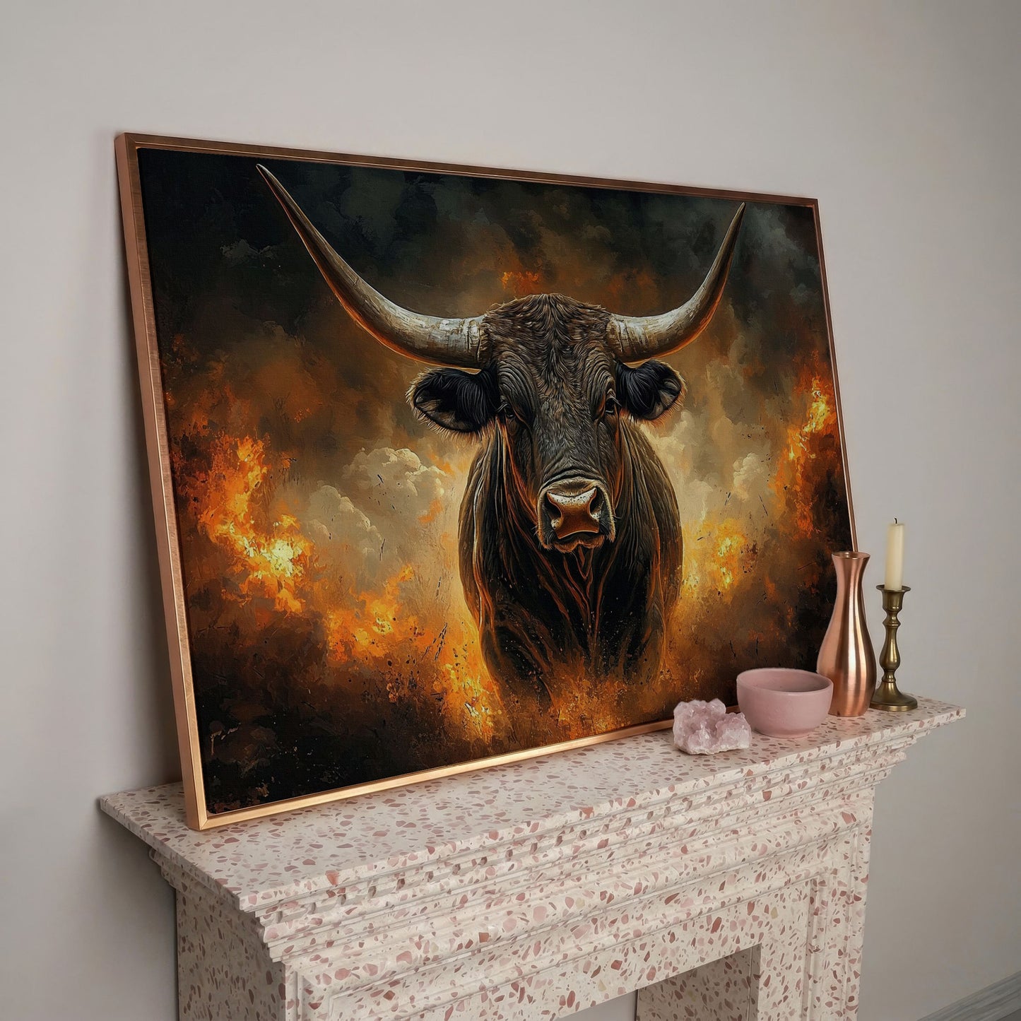 Bull with Horns Canvas Wall Art, Fiery Storm Portrait in rose gold floating frame