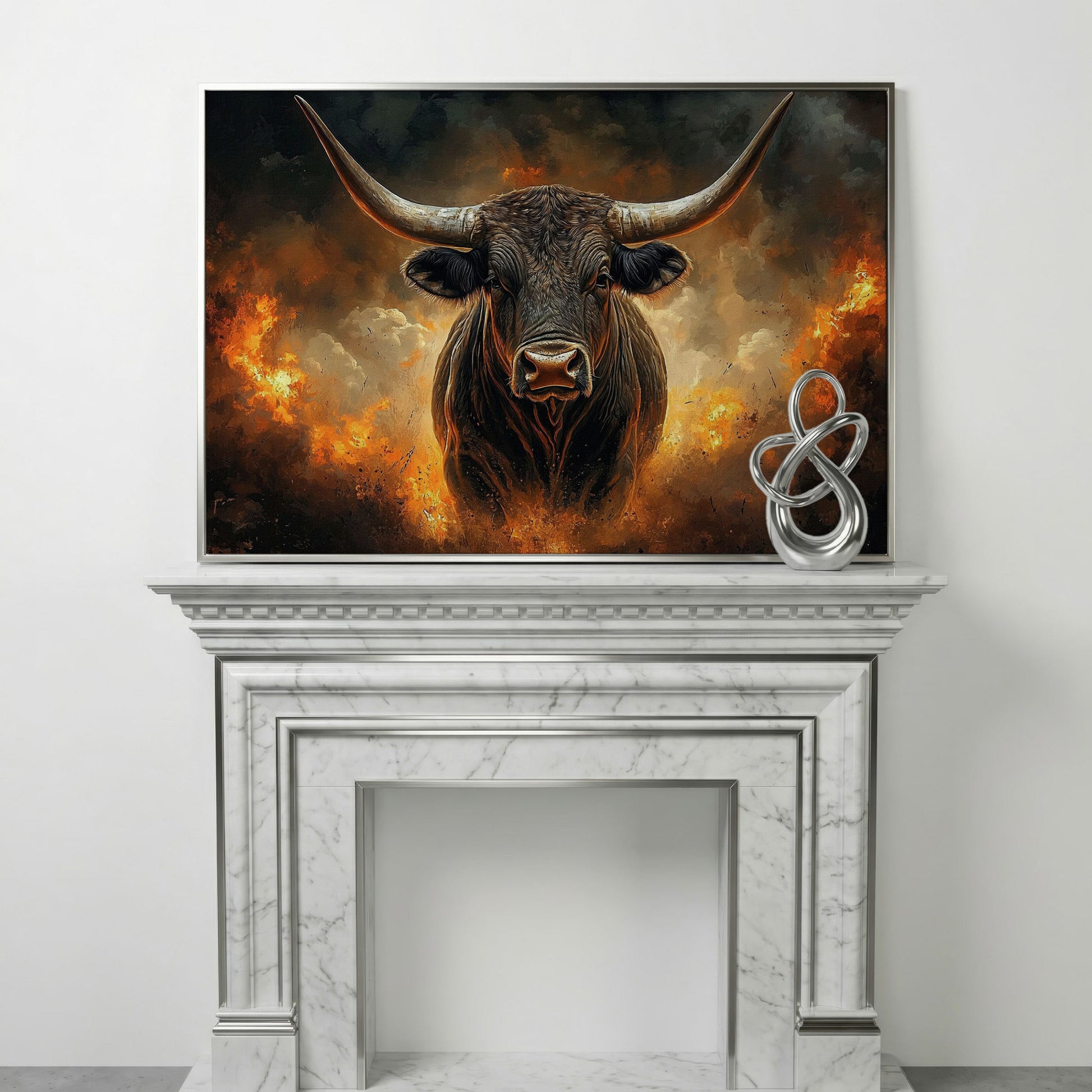 Bull with Horns Canvas Wall Art, Fiery Storm Portrait in silver floating frame