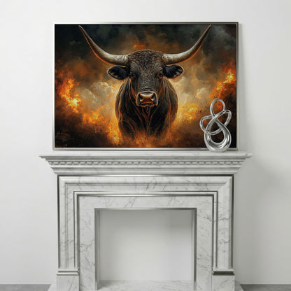 Bull with Horns Canvas Wall Art, Fiery Storm Portrait in silver floating frame